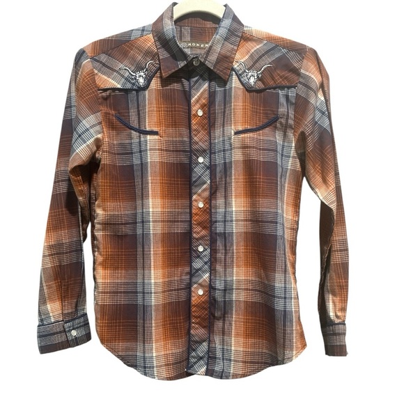 Roper Plaid Button Down Shirt Western Rodeo Festival Bulls Youth Lg - Picture 9 of 10
